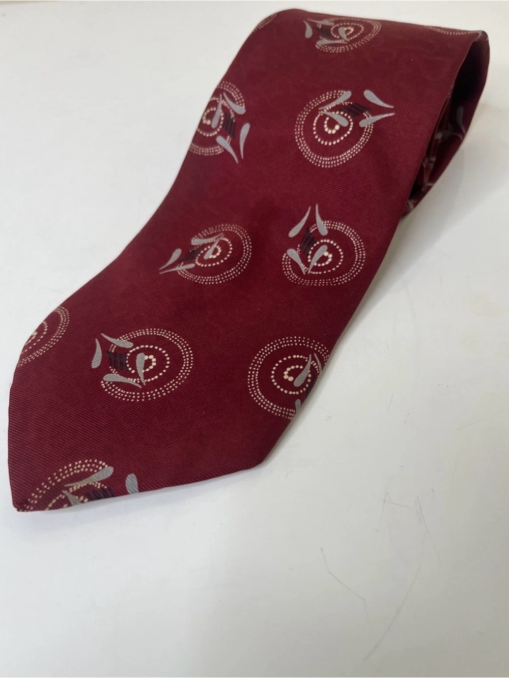 Vintage Givenchy Monsieur Burgundy 100% Silk Tie with Silver Geometric Pattern